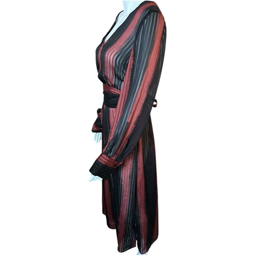NEW BCBGMAXAZRIA S Sheer Stripe Ombre Midi Dress V-Neck Tie Waist Removable Belt - Picture 3 of 14